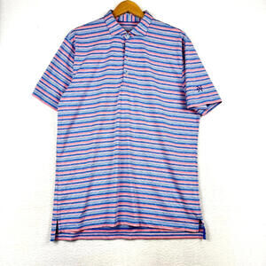 Johnnie O Mens Large Blue Pink Srriped Performance Polo Golf Shirt UPF50